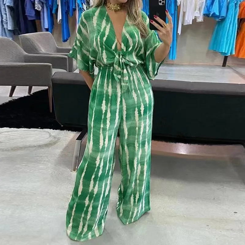 Fashion Print Hgih Waist Women\'s Jumpsuit Sexy Deep V-neck Lace Up Half Sleeve Green Jumpsuits Woman Comfortable Rompers