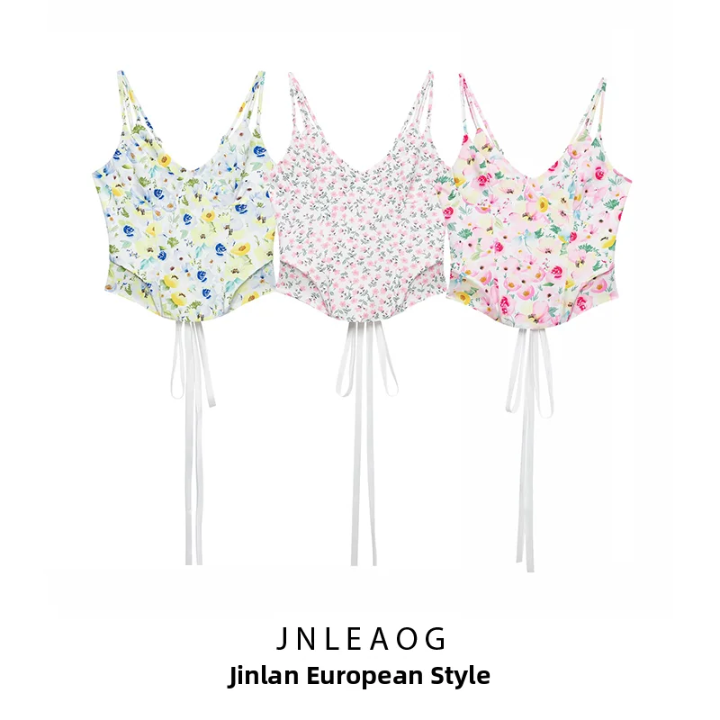 JNLEAOG Summer New Fashionable Double Layer Floral Halter Crop Top Women's Clothing Stylish All-Match Floral Wrap Bustier