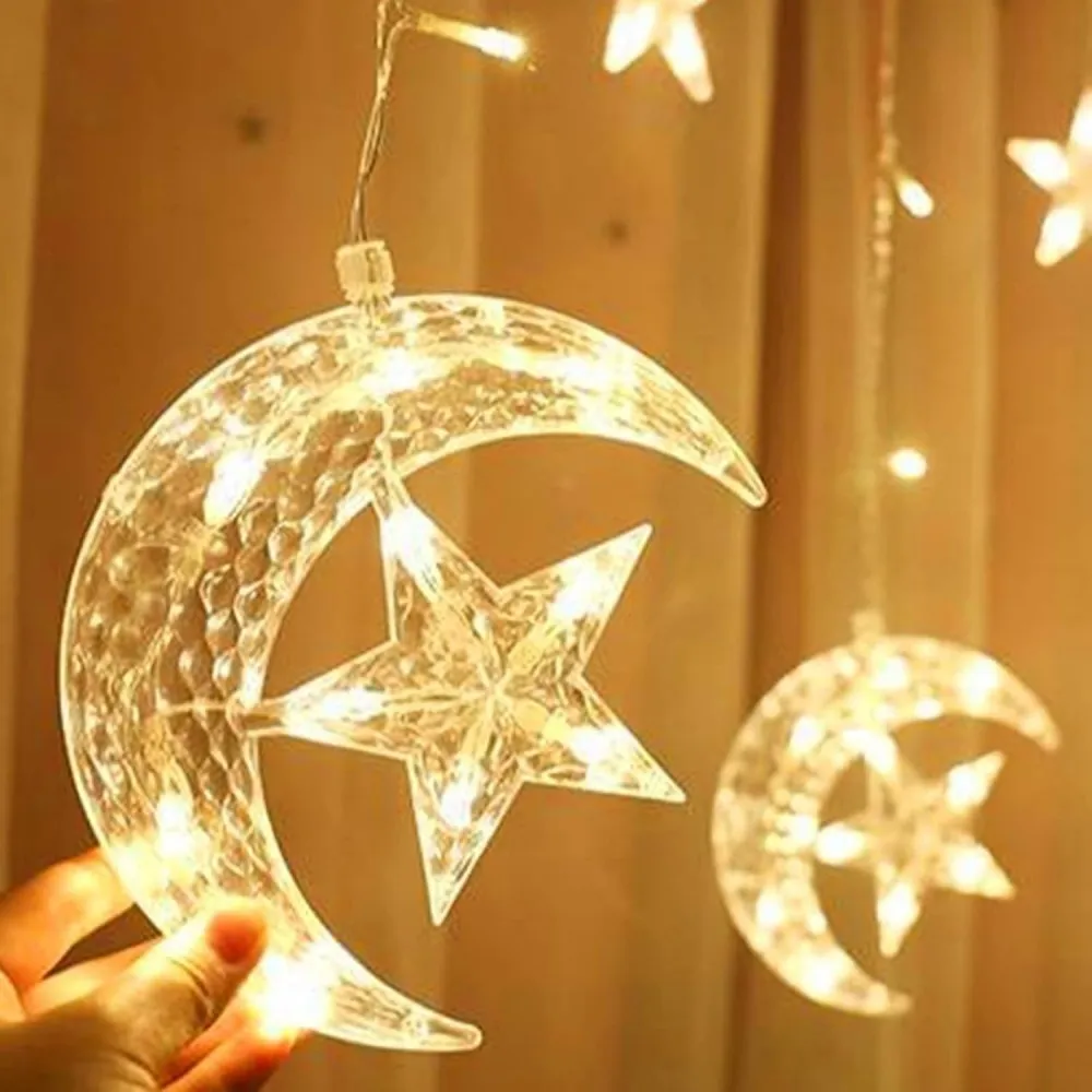 1PC 3.5M120LED Star Moon LED Light String,powered by 3AA batteries,excluding batteries,used for bedroom and Ramadan decoration ﻿