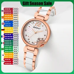 BERNY Lady Quartz Watch Woman Ceramic Bracelet Butterfly Buckle Waterproof Stainless Steel Watches Fashion Relogio Feminino Gift