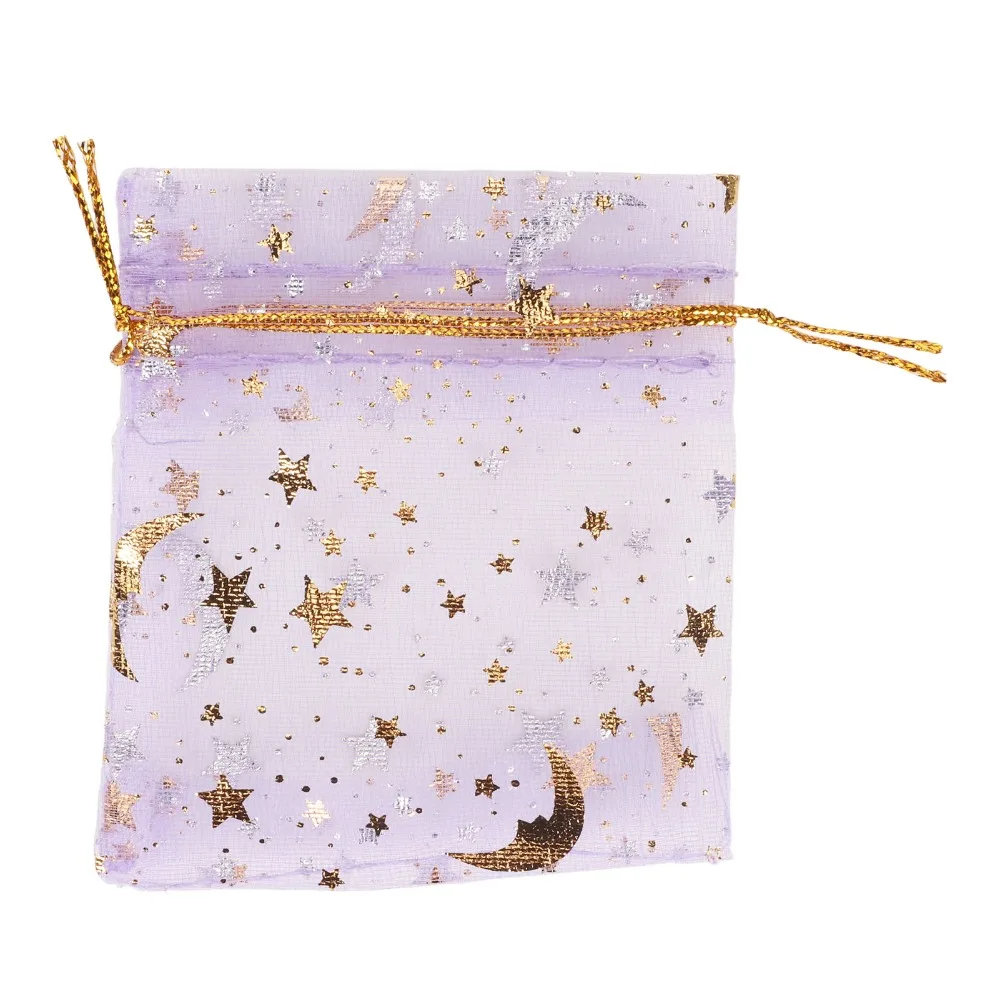 100pcs Purple Moon Star Organza Bags Drawstring Closure Sheer Organza Jewelry Candy Bags Sheer Organza Pouch Wedding Party