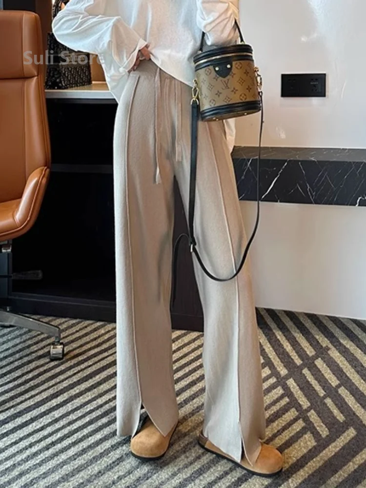 

Idle Style High Waist Slit Knitted Casual Pants Wide-Leg Pants for Women Baggy Straight Trousers New Pantalones Korean