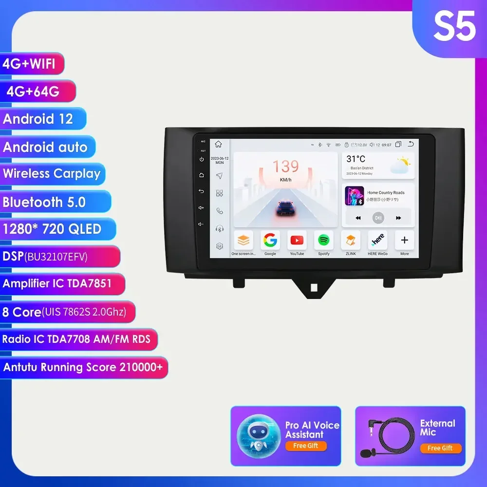 9 "ossuret android13 auto raido für mercedes benz smart fortwo 451 2010-2015 multimedia carplay stereo auto gps dsp rds 4g swc 9