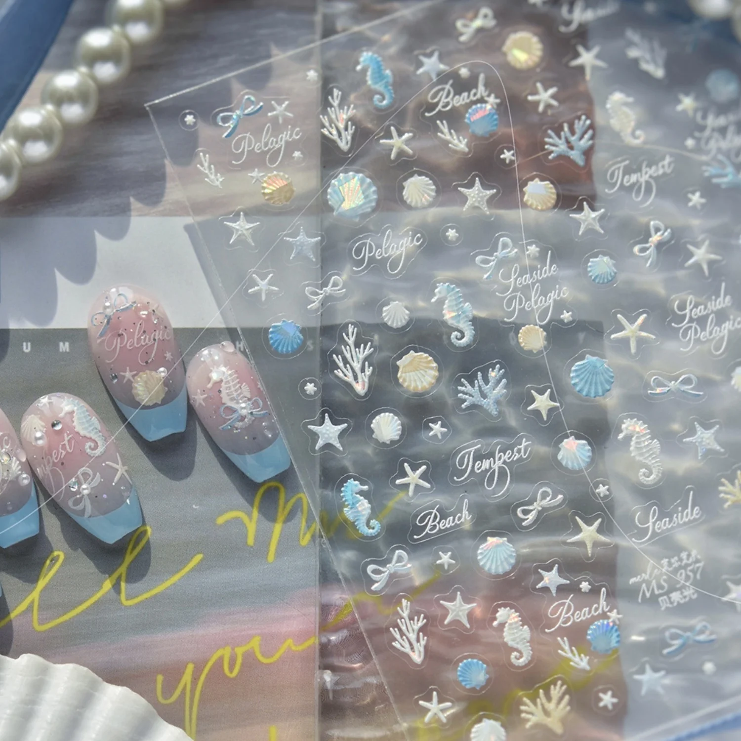5D Blau-Gold Schillernde Muschel Seestern Seepferdchen Korallen Nagelkunst-Aufkleber Strandmotiv Geprägte Transparente Sommer-Nagelsticker Maniküre