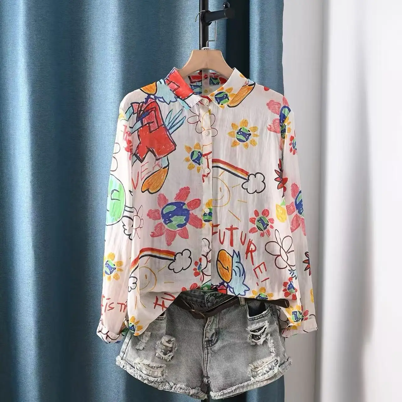 

100% Ramie Shirts and Blouses for Women Spring Original Design Nature Cartoon Print Long Sleeve Tops Boho Clothing