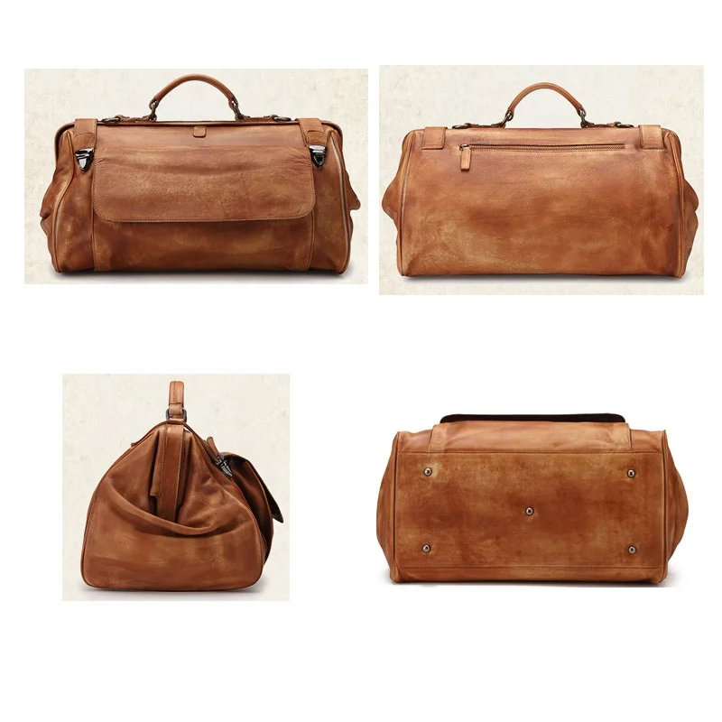 Retro Genuine Leather Travel Bag With Metal Frame Luggage Men Vintage Genuine Leather duffle Bag For Women