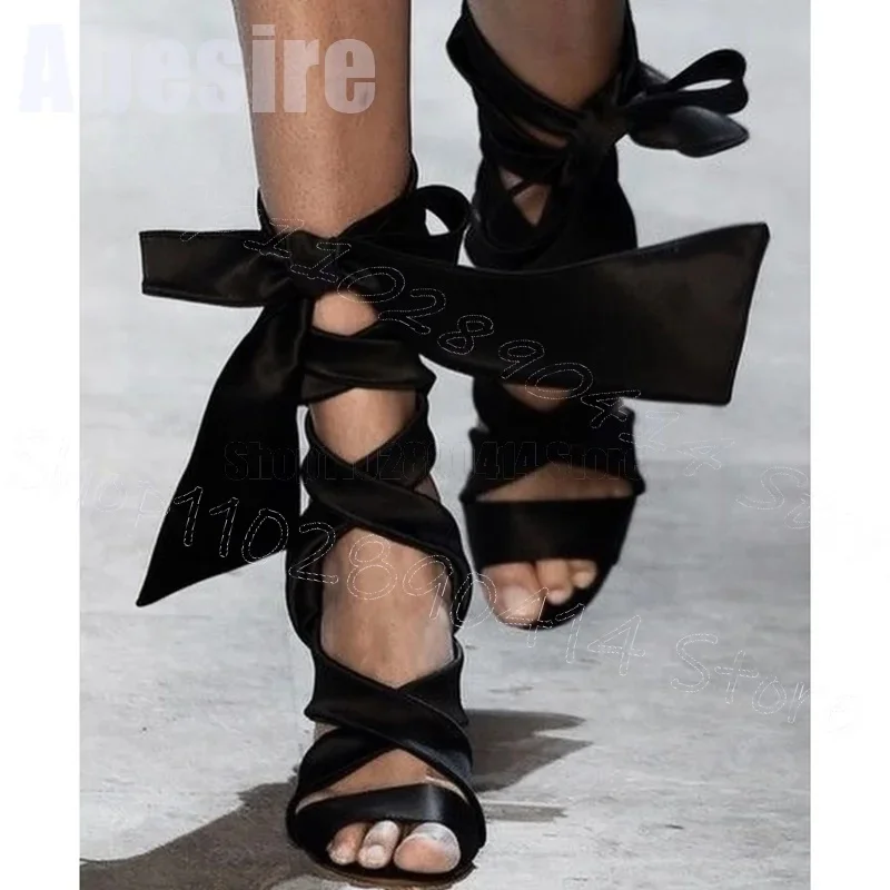 Schwarze Seide Kreuz Riemchen Offene spitze Schnur Sandalen Schnüren Frauen Schuhe Dünne High Heels Party Runway Dating 2025, Zapatos Para Mujere