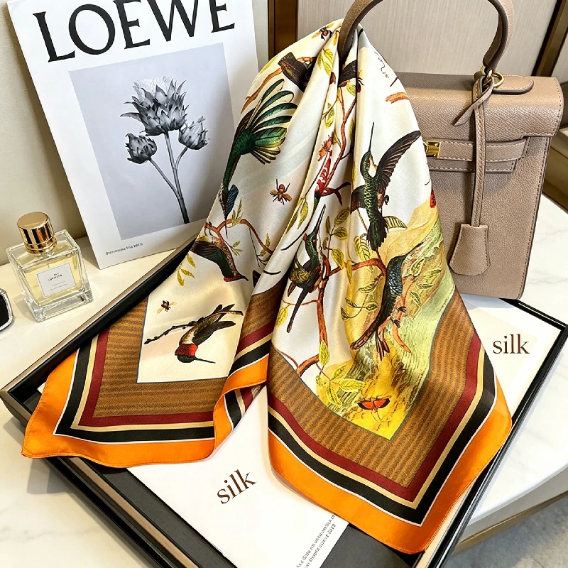 Thin Birds Contend Painting Orange Curled Edge 70cm Mulberry Silk Silk Scarf Large Square Scarf Women's Sunscreen Shawl