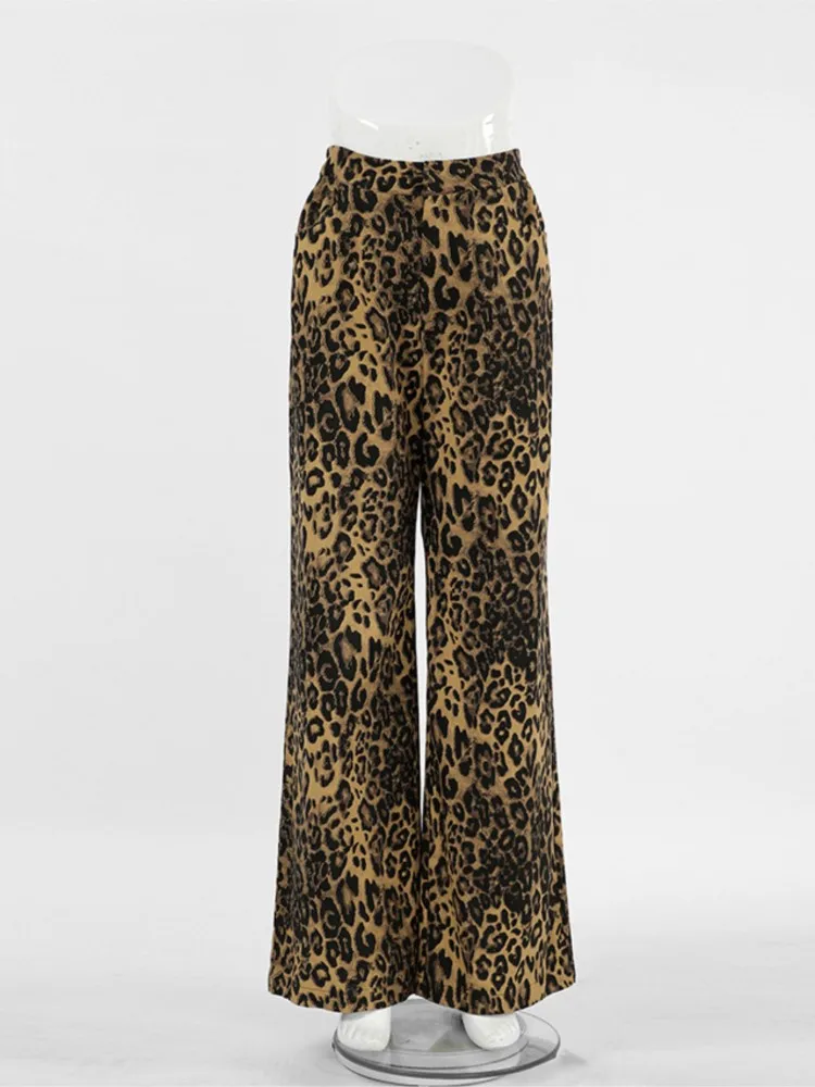 خريف موضة جديدة ريترو الساخن فتاة فضفاضة عالية الخصر ليوبارد سراويل تقليدية المرأة التنقل أنيقة تنوعا واسعة الساق بنطلون
