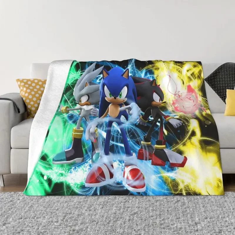 

Blue Hedgehog Lighting Blanket Fleece Spring/Autumn Anime Cartoon Multifunction Super Soft Throw Blanket for Bed Travel Quilt