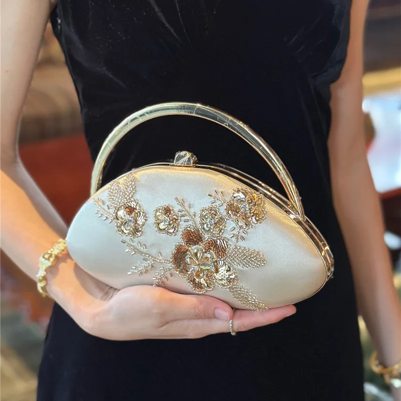 2026 Fashion Handmade Sequins Women Evening Clutch Bag Elegant Embroidery Floral Top Handle Handbag Wedding Party Crossbody Bag