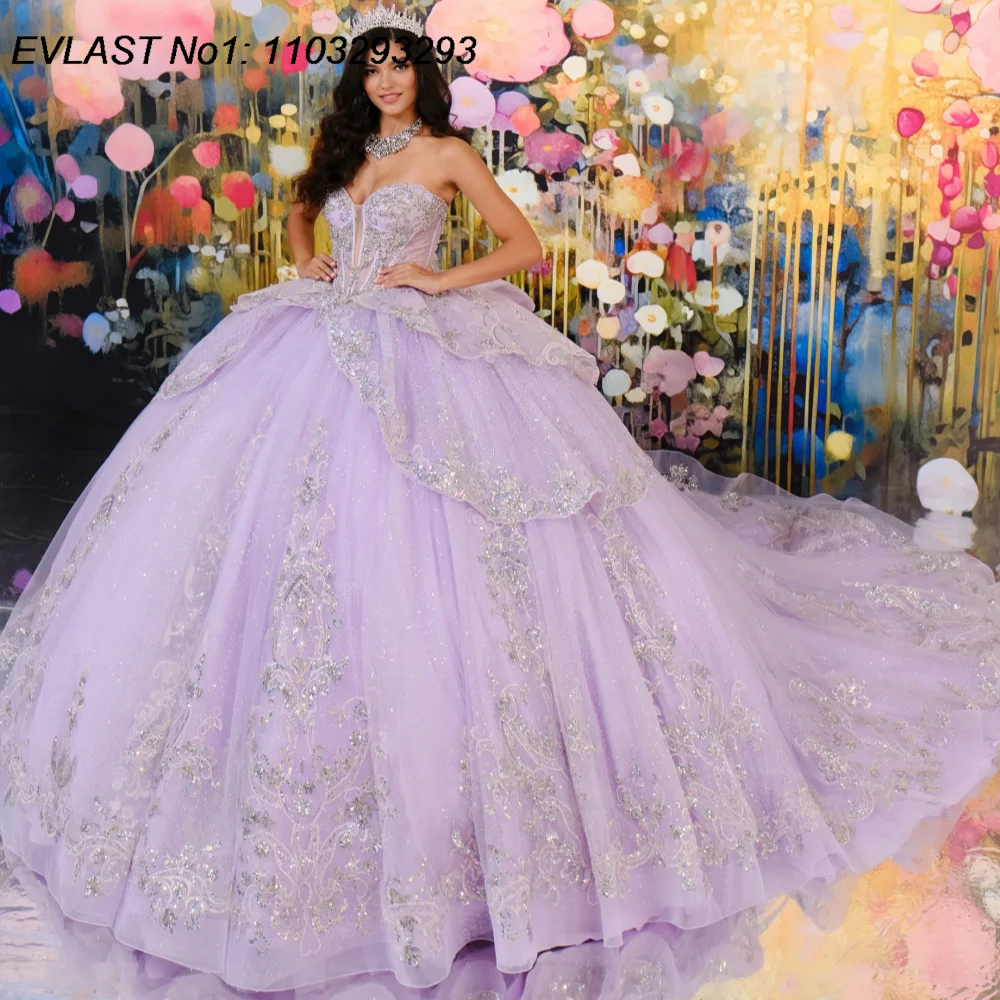 

EVLAST блестящее лавандовое бальное платье Quinceanera по индивидуальному заказу, серебряное кружевное платье с аппликацией и бисером, Sweet 16, Vestidos De 15 Anos E1QN276