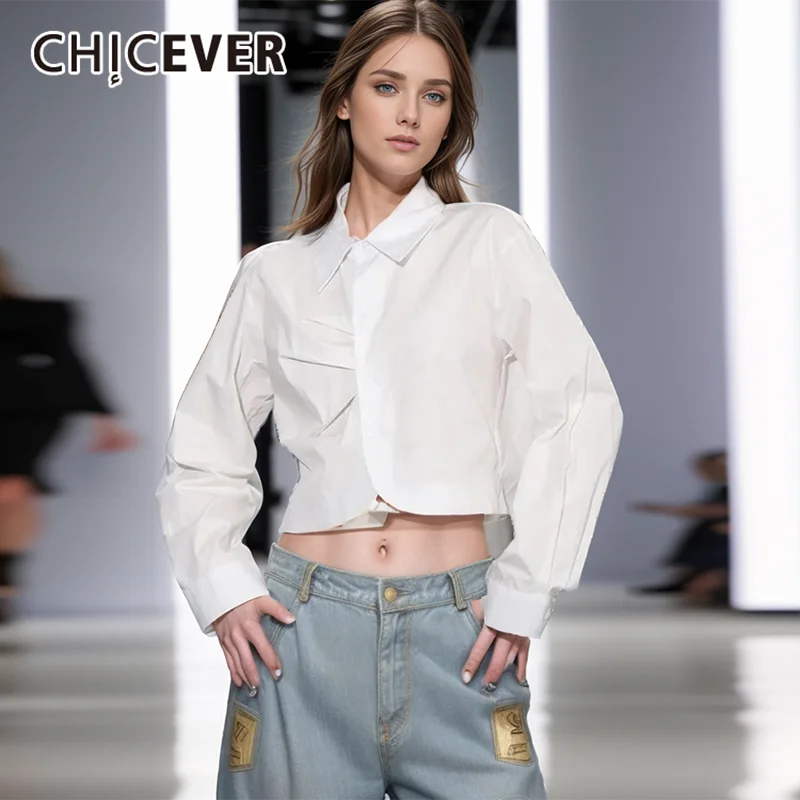 

CHICEVER Temperament Striped Shirt Female Lapel Long Sleeve Spliced Folds Fashion Short Slim Blouse For Women Spring Clothes New