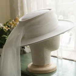 High quality white wool bow flat top hat French elegant fashion British lady wide eaves wedding dress bridal accessories