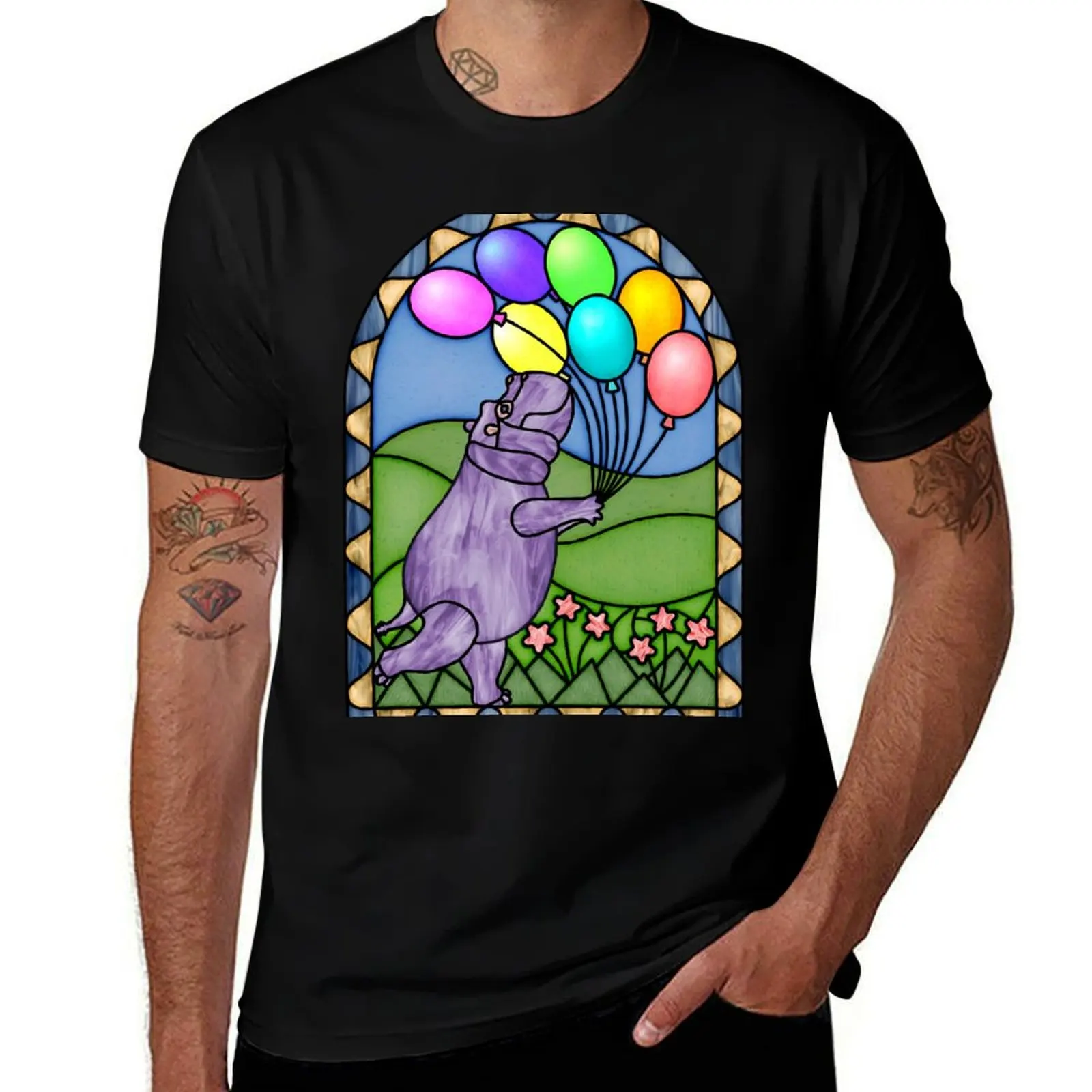 

Stained Glass Hippo With Balloons T-Shirt plain shirts graphic tee fashion shirts man t shirt mens t shirts casual stylish