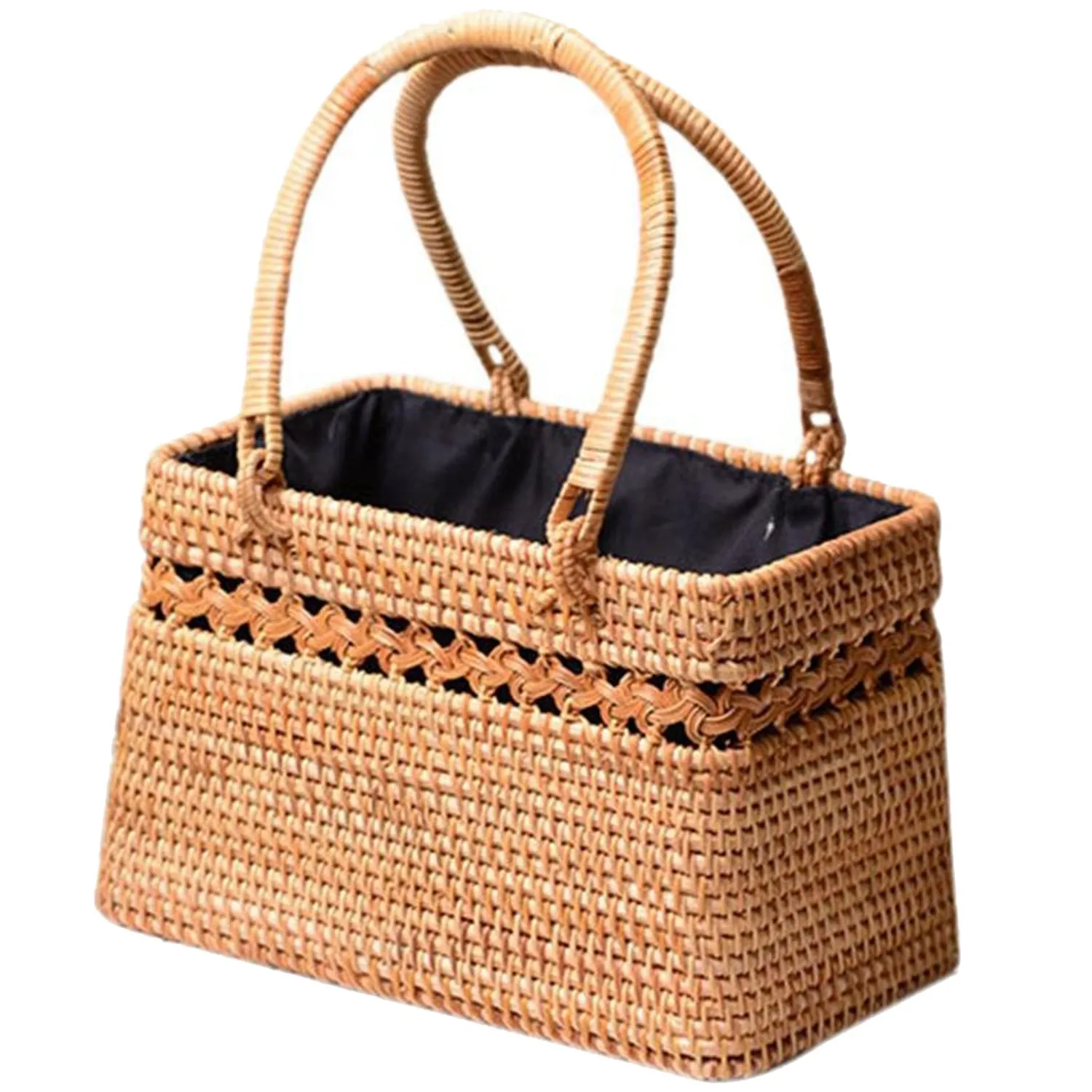 

Straw Bag For Women Handmade Tote Bag Natural Chic Handbag With Wood Handle Large Basket For Beach Outdoor Bohemia Style