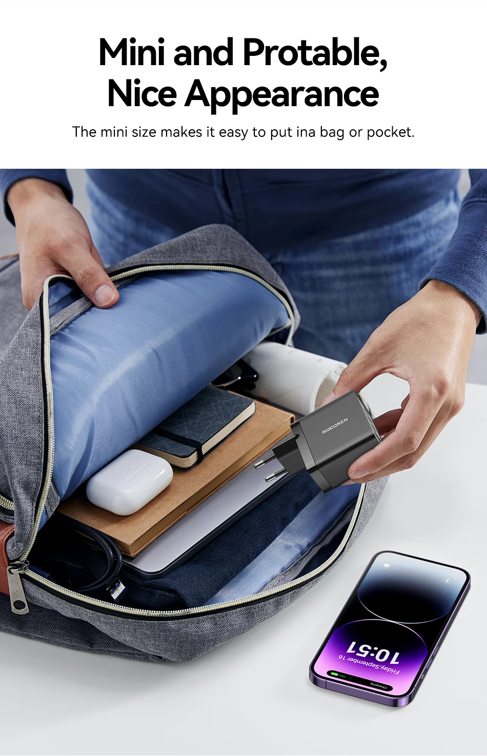 Rocoren 45 W GaN Ladegerät Mehrere PD Schnellladung USB Typ C Ladegerät Schnellladung für iPhone 16 15 iPad Pro Max Samsung Xiaomi – Detail 11