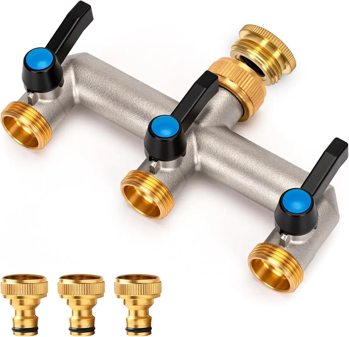 Collecteur en T tout en cuivre, double filetage G3/4 et G1/2, commande de valve indépendante, poignée allongée, universel pour jardins, garages, machines à laver et irrigation.