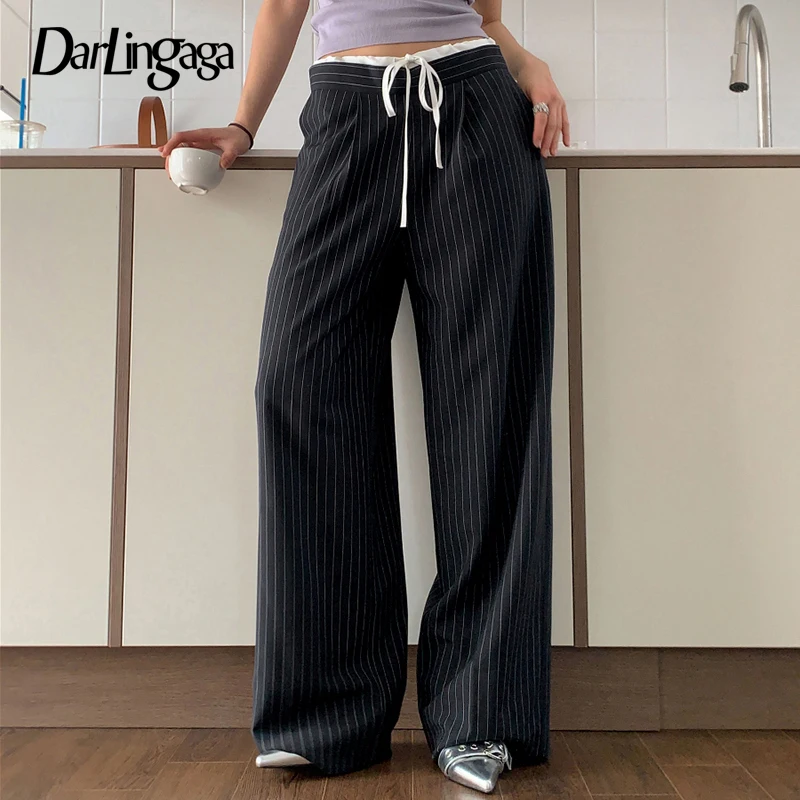 

Darlingaga Fashion Chic Stripe Women Trousers Elegant Patched Drawstring Full Length Pants Contrast Color Office Ladies Capris