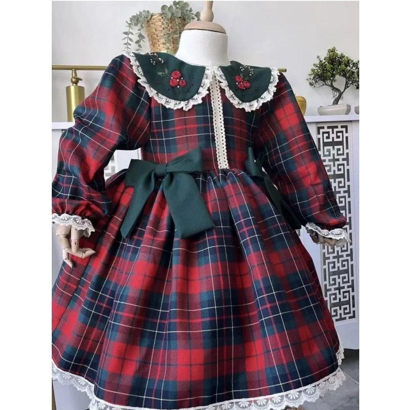 0-12Y Baby Girl Autumn Handmade Flower Embroidery Vintage Princess Red Green Plaid Dress for Birthday Holiday Eid Christmas C226