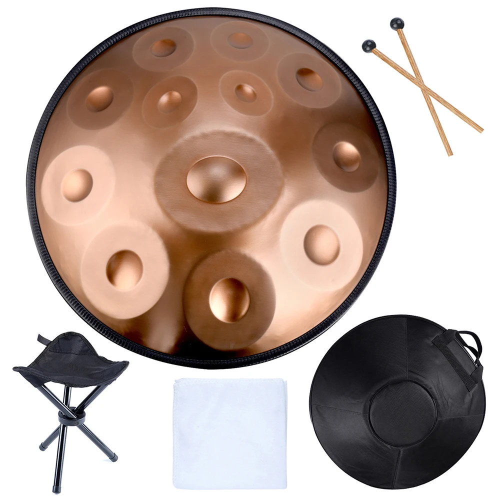 Gold Handpan Drum 22 Inches D Minor Kurd 9 10 12 14 Notes Steel Hand Drum with Edge Woven Rattan Professional Music Instrument
