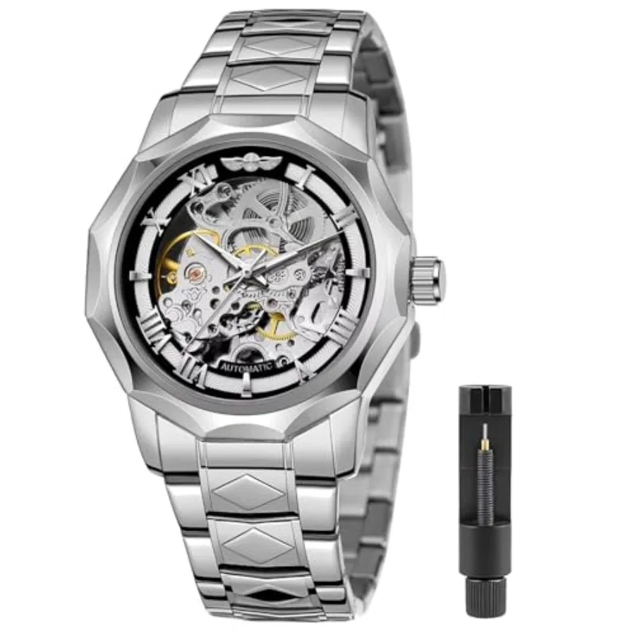 

Fashion Automatic Watches Mechanical Wrist Watch Golden for Mens Skeleton Watches with Stainless Steel Transparent Dial