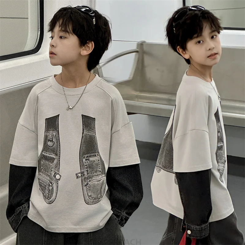 Korean Fashion Kids Child Fake Two Pieces Sweatshirt Without Hood For Boys Cotton Spring Autumn Hoodies Outerwear Age 4 To 14 Y