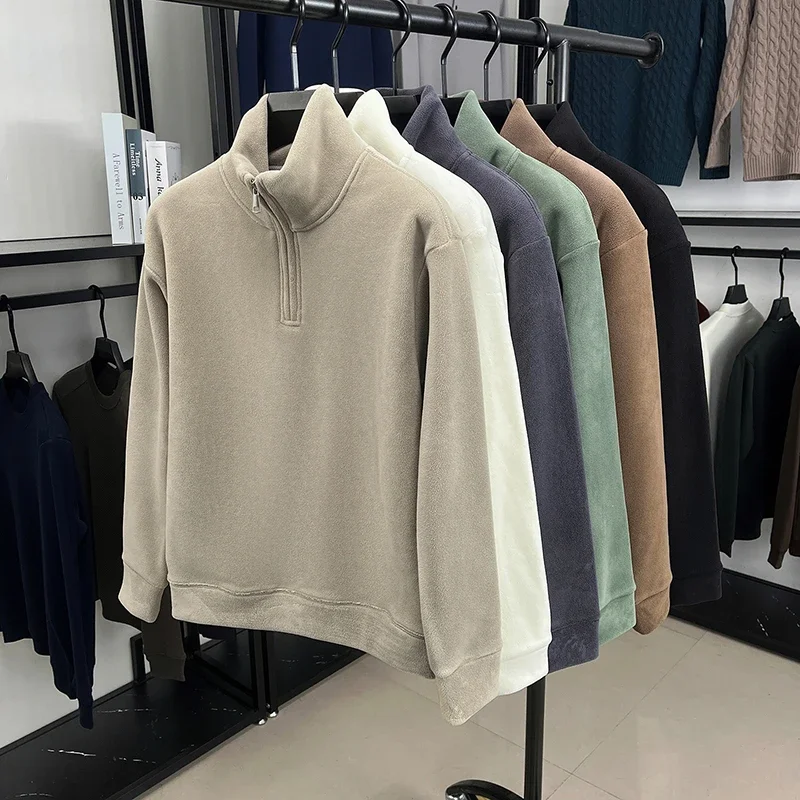 

Осенне-зимняя мужская бархатная толстовка с длинным рукавом и высоким воротником на молнии, однотонная модная повседневная универсальная футболка