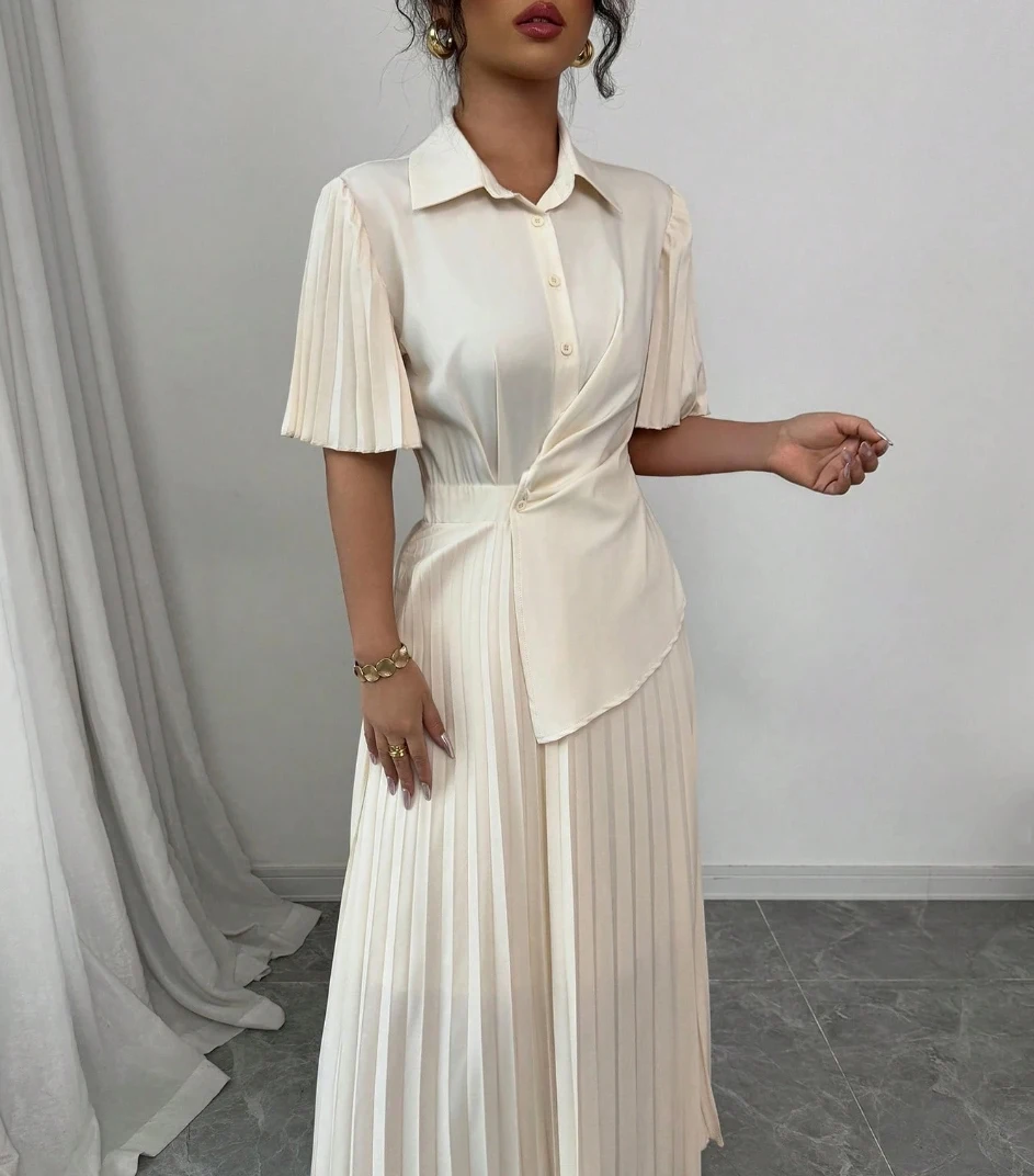Women Cream Satin Shirt Dress Pleated Sleeve Twist Waist Maxi Dress Elegant Style