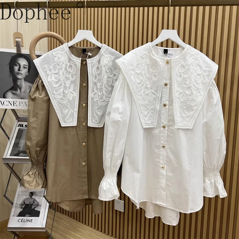 

Новинка 2024 года, весенние однотонные женские блузки, винтажные цветы, темно-синие кардиганы средней длины с воротником Питера Пэна, топ, повседневные рубашки с длинными рукавами