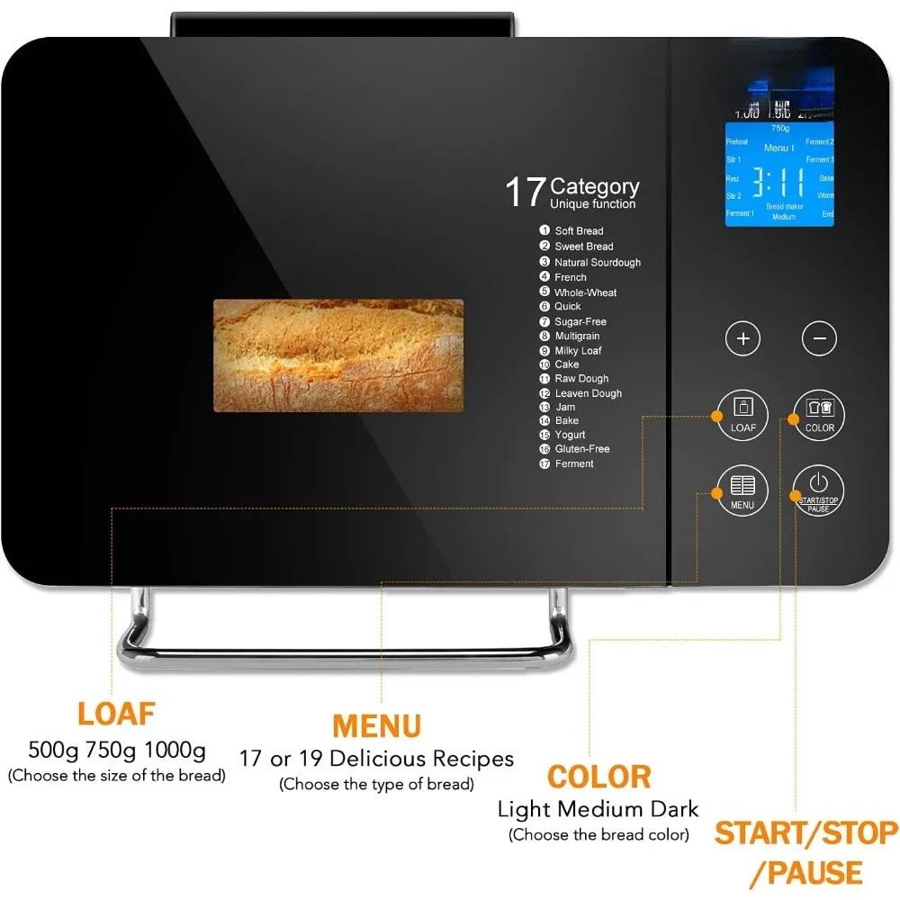 Steel Bread Machine, 2LB 17-in-1 Programmable XL Bread Maker with Fruit Nut Dispenser, Nonstick Ceramic Pan