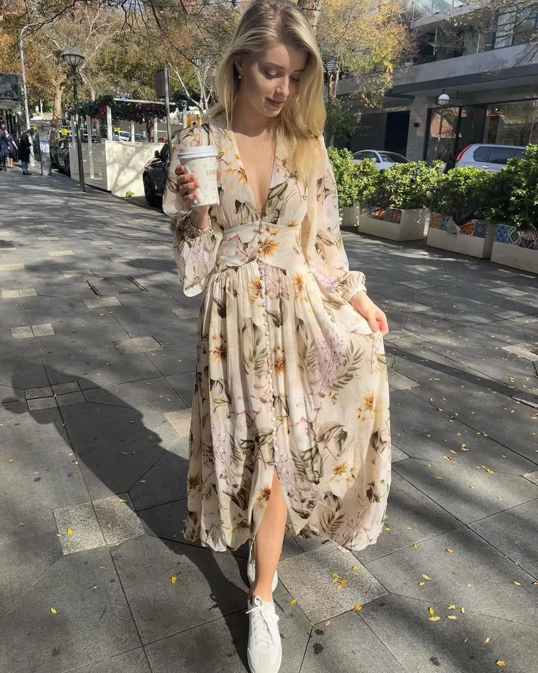 Women Vintage Flower Print V-Neck Slim Waist Buttons Long Sleeve Midi Dress