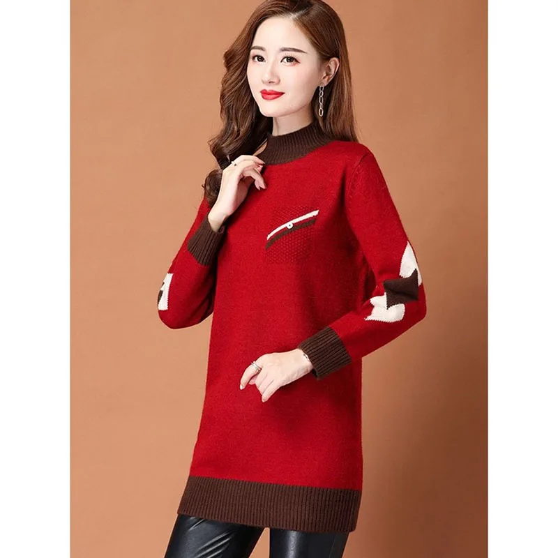 Autumn Winter Women\'s Sweater Pullover New Color Matching Half High Neck Mid Long Knitted Sweater Bottoming Shirt Female Tops