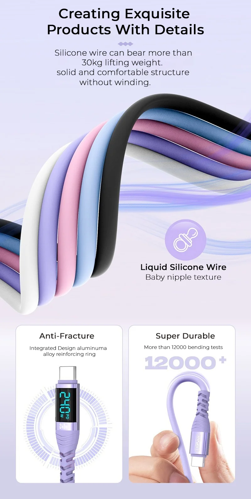 NNBILI 240 W Schnelllade-Datenkabel PD3.1 Digitalanzeige USB C auf Typ C-Kabel für iPhone 15 16 Samsung Xiaomi Typ C-Kabel – Detail 7