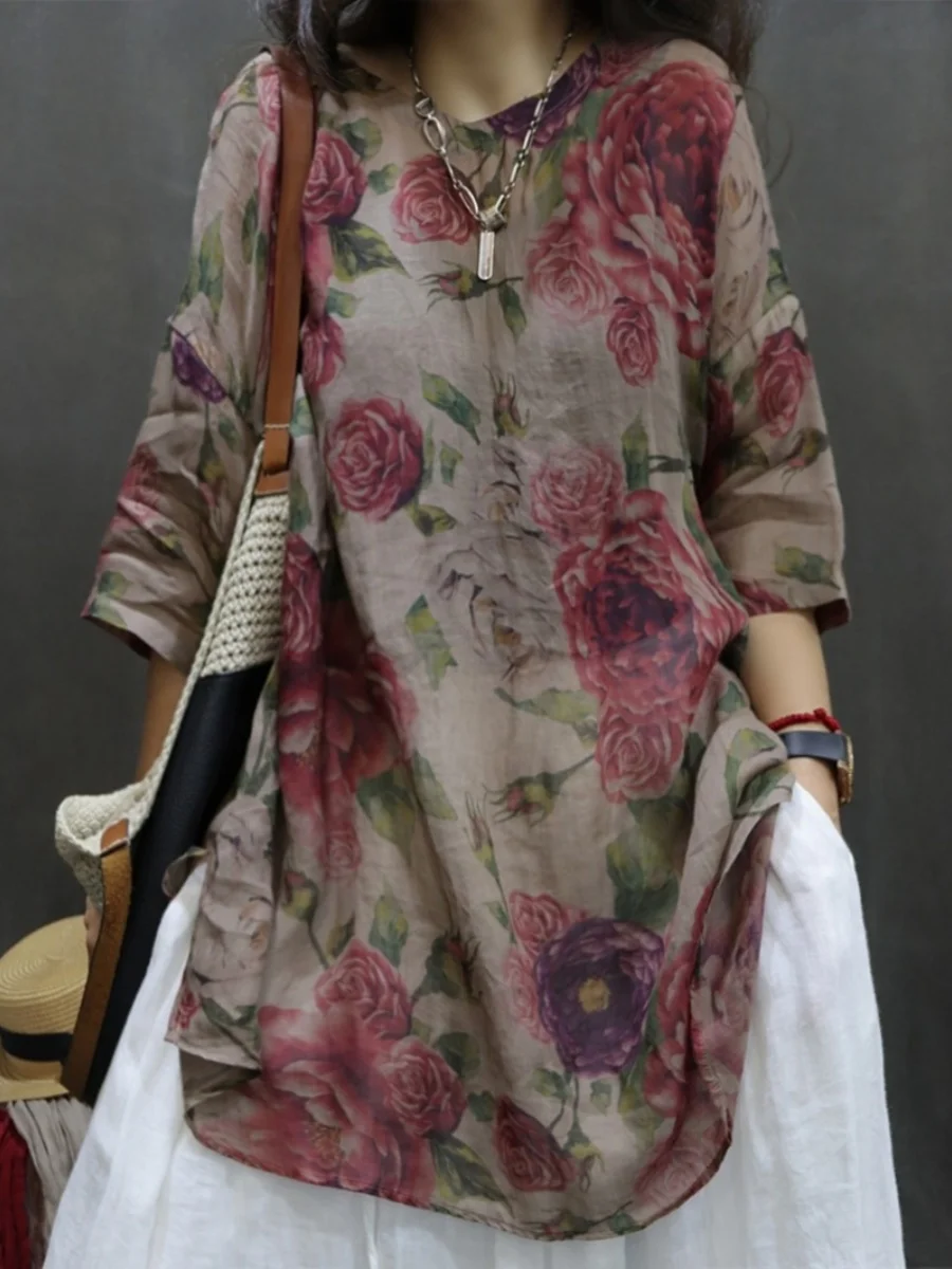 Camicetta stampata ampia di fascia alta Camicetta etnica vintage Sle Svel V-Ne Lino Casual irt Top estivo Faion da donna