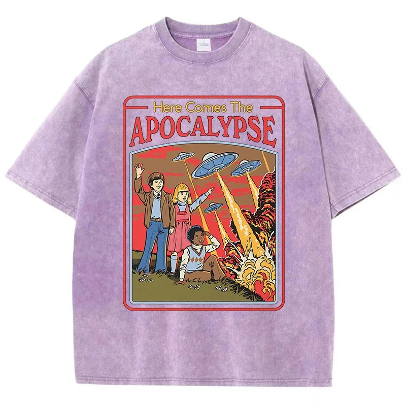 2026 Retro Washed Cotton T Shirt Here Comes The Apocalypse UFO Print Men Oversized Loose Streetwear Casual Short Sleeve Tees
