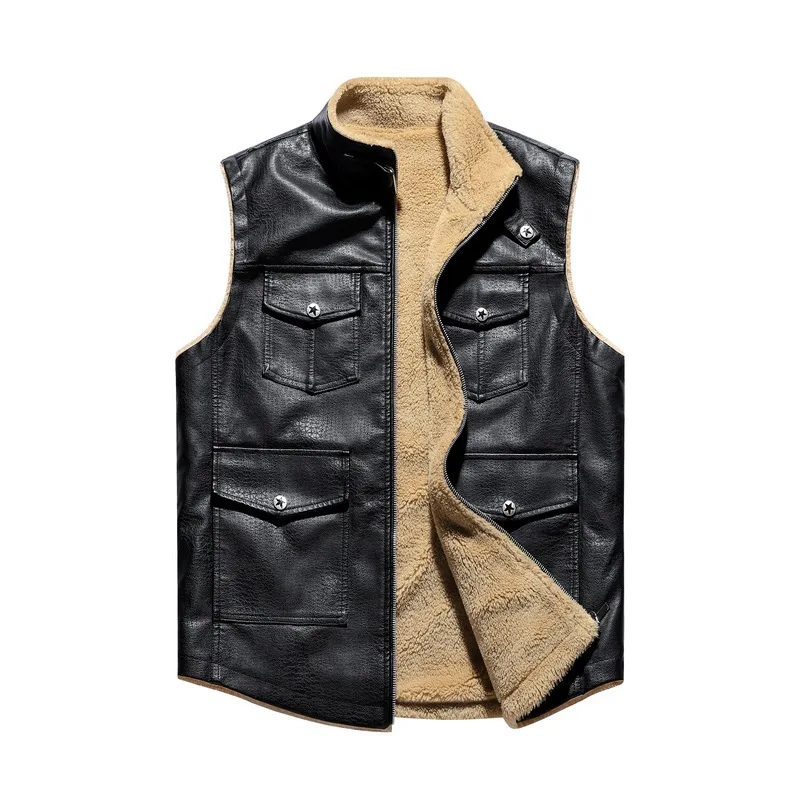

Autumn Winter Man Leather Retro New Thicken Warm Stand Collar Sleeveless Male Coat Contrast Color Pocket Zipper Men Waistcoat