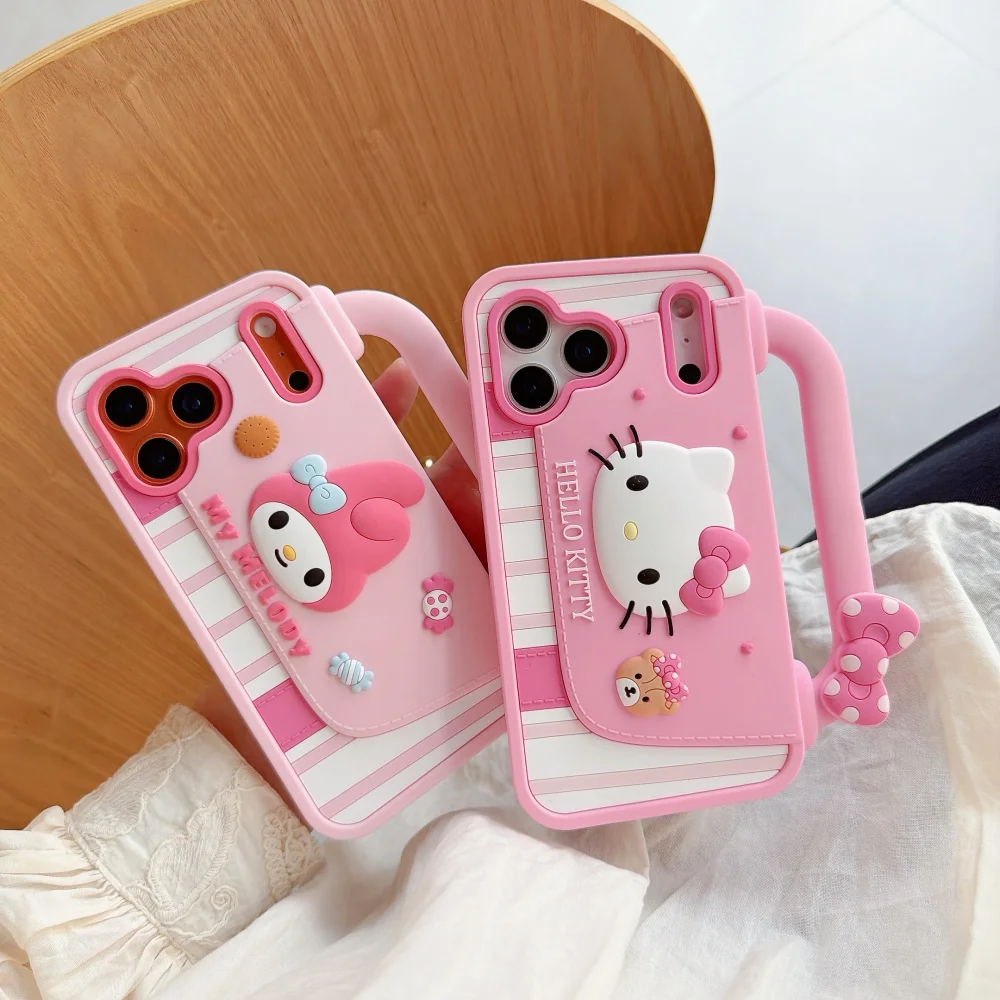 3D Sanrio KT Melody Handbag Cartoon Phone Case For iphone 17 16 15 14 Plus 13 Pro Max Silicone Shockproof Protective Soft Cover
