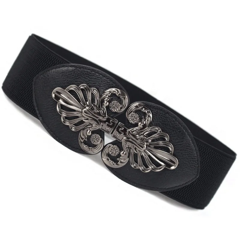 

New High-end Retro Black Alloy Hook Buckle Slim Waist Elastic Waistband Wide Waistband