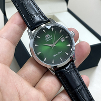 Orient Automatic Men's Watch Green Sunray Dial Black Leather Strap Water Resistant Classic Business Wristwatch with Date Display