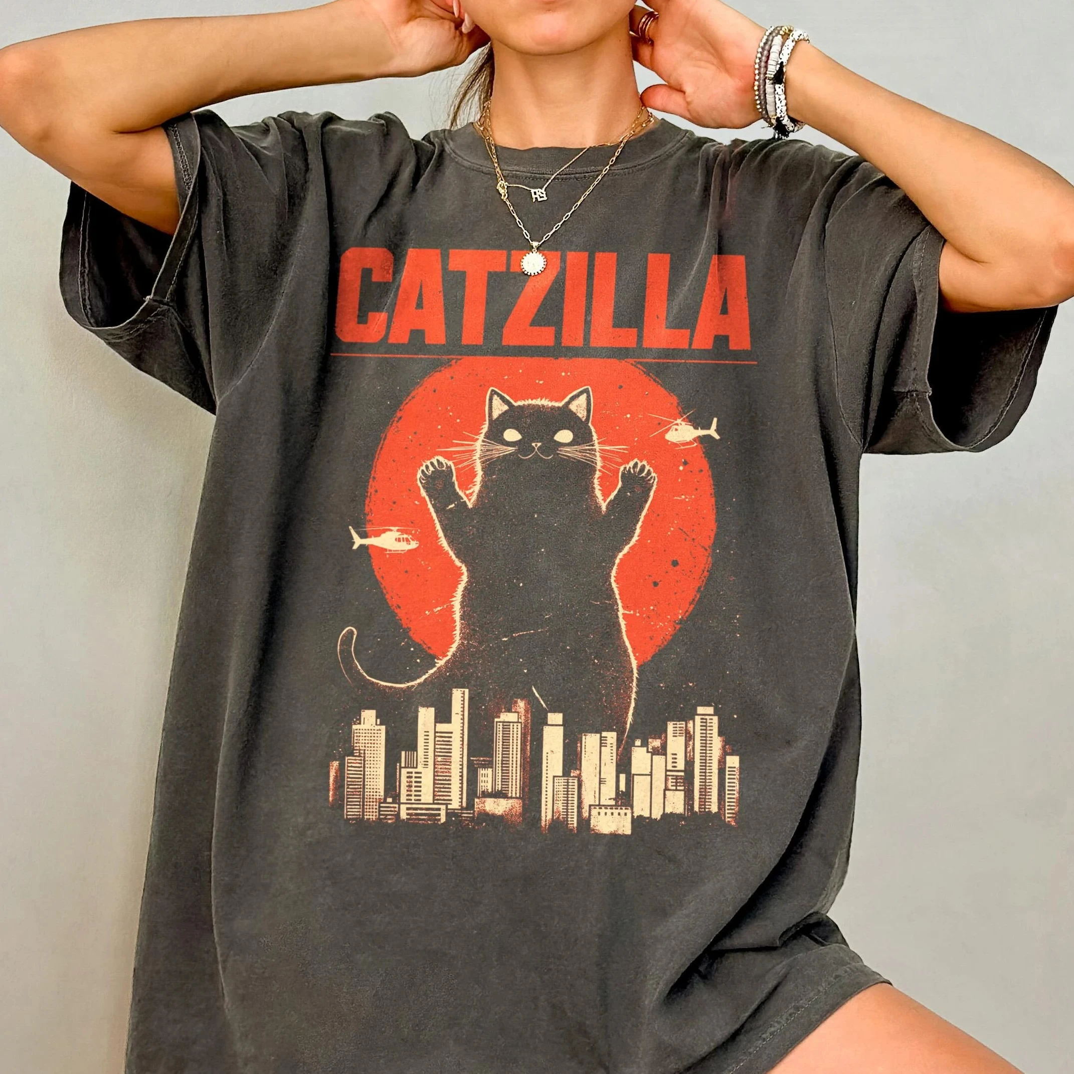 Catzilla Shirt Funny Cat T-Shirt Silly Cat Graphic Tee T-Shirt Retro Tee T-Shirts Tee Top Shirt Graphic Short Sleeve