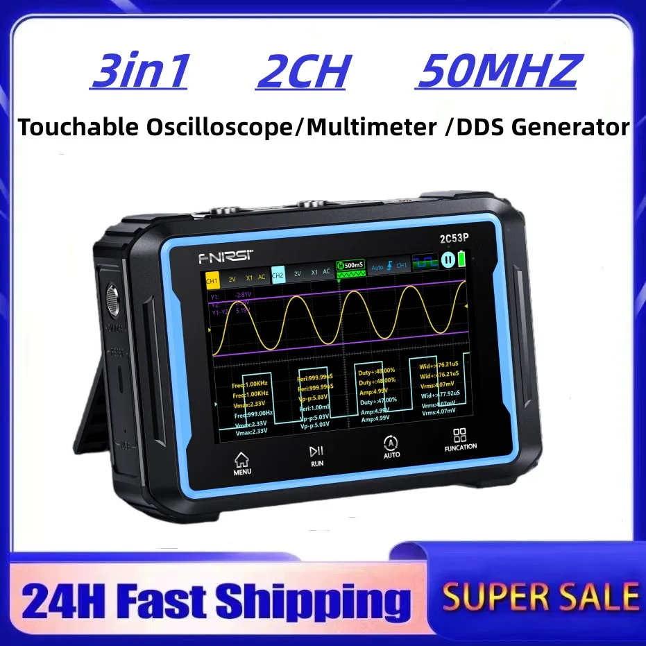 

FNIRSI 2C53P Touch Screen Digital Oscilloscope+Multimeter+Signal Generator 3IN1 Dual Channel 50MHZ Automatic Osciloscopio Tools