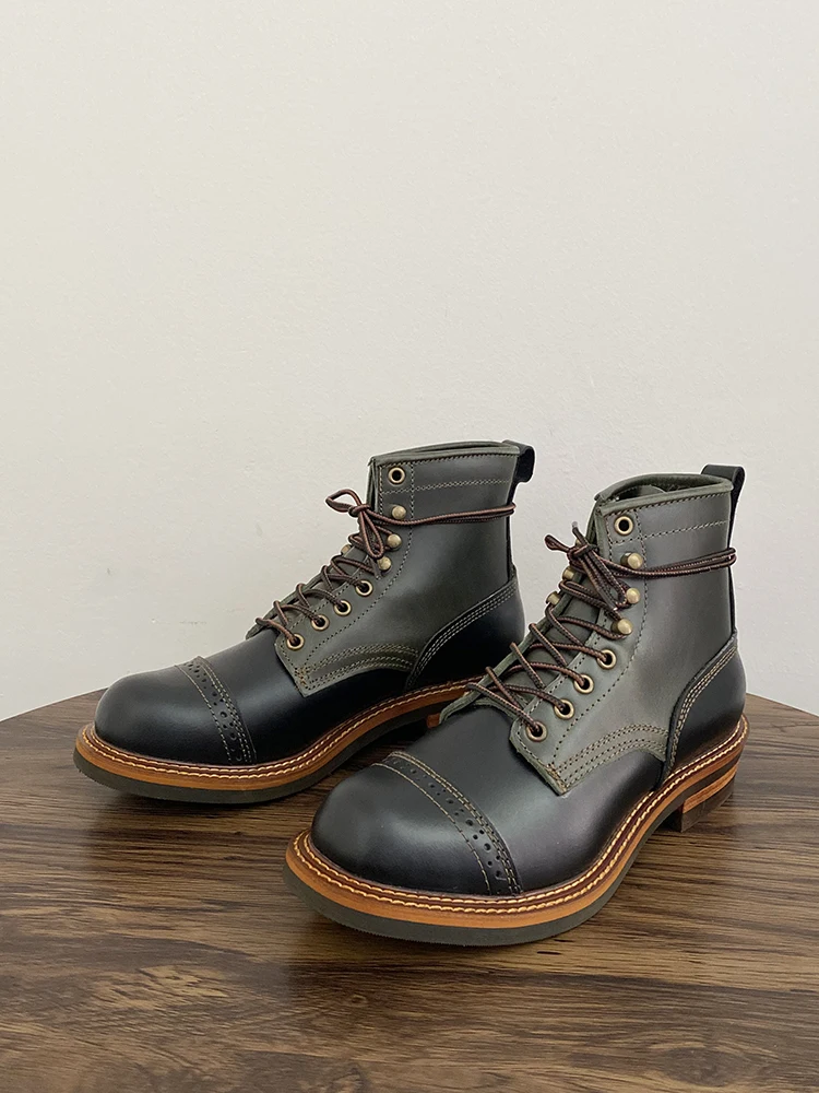 Green  Boots Men's High Top Vintage British Style Retro Motorcycle Workwear Boots Couple's Shoe Leather Booties