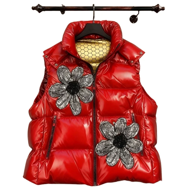 

Хлопковый жилет на пуху с красными бриллиантами, универсальная верхняя одежда с капюшоном, осенне-зимний утолщенный высококачественный жилет в иностранном стиле, модный