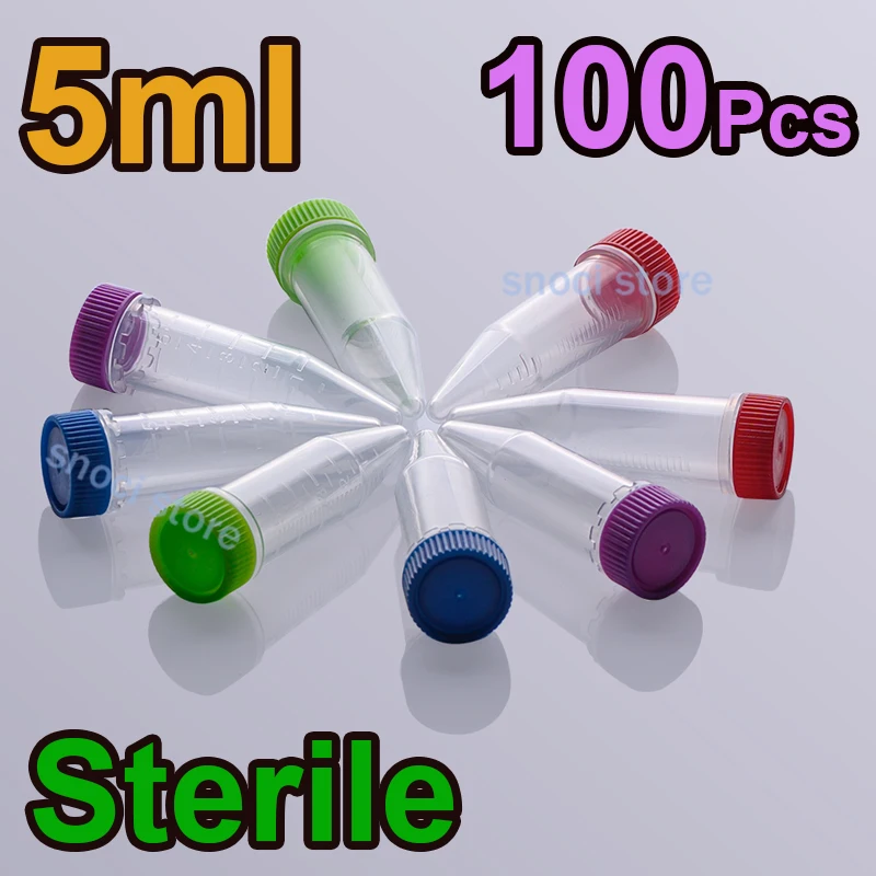 5ml color Plastic Small Vials with Screw Caps Sample Tubes Cryotubes,PP Material, Free from DNase, RNase, Human DNA, 100Pcs/Pack