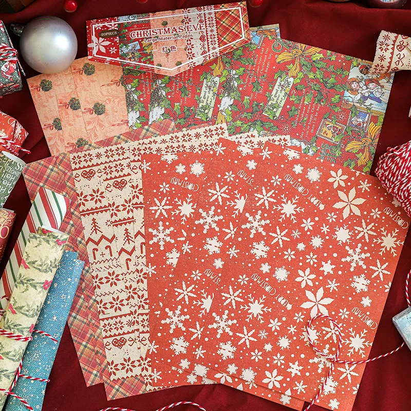 Paquete de 20 hojas de papel Retro de Navidad, Material grande, caja de regalo estética, papel de regalo, suministros decorativos para álbum de recortes Kawaii