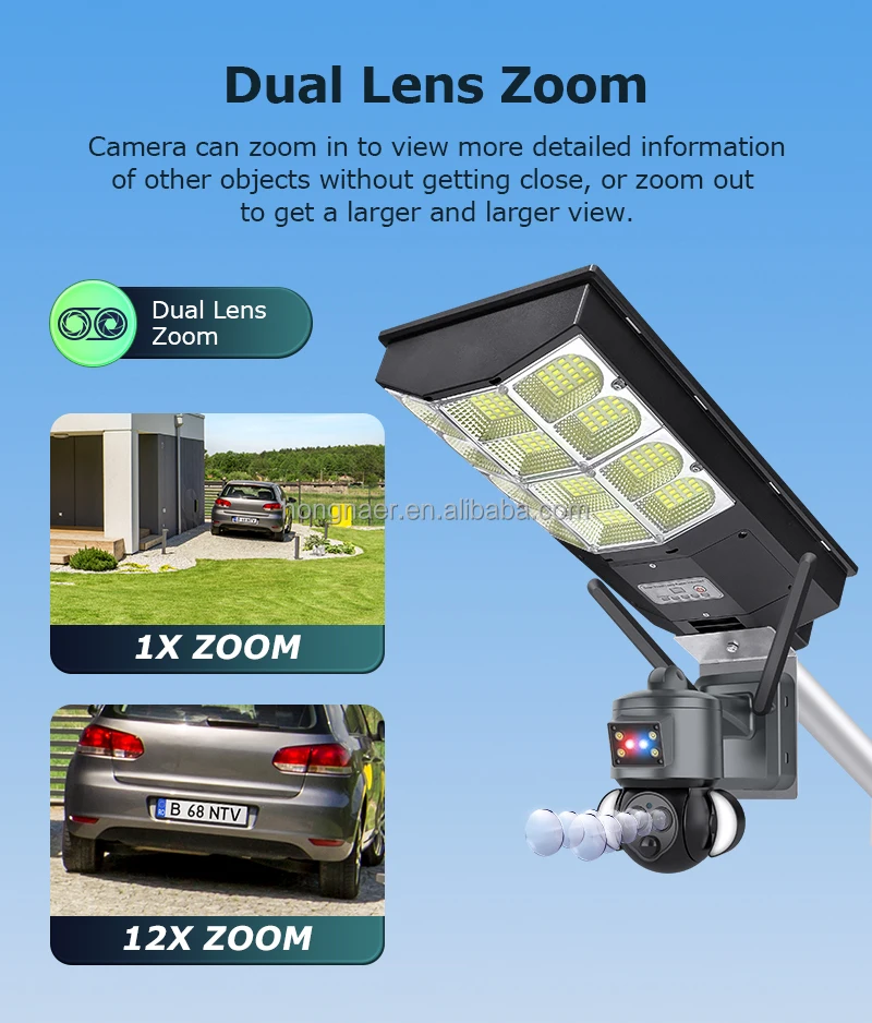 Hongnaer 6MP 2 Lens 12X Zoom Wireless Solar Powered CCTV Camera Ubox WiFi Outdoor Security 4G Sim Card Solar Street Light Camera