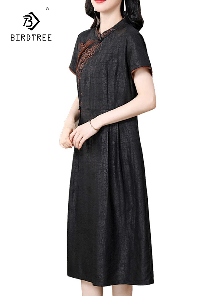 BirdTree, 100%Real Silk Watered Gauze Elegant Dress, Women Short Sleeve Embroidery, Commute Dresses, 2024 Summer Fall D46054QC