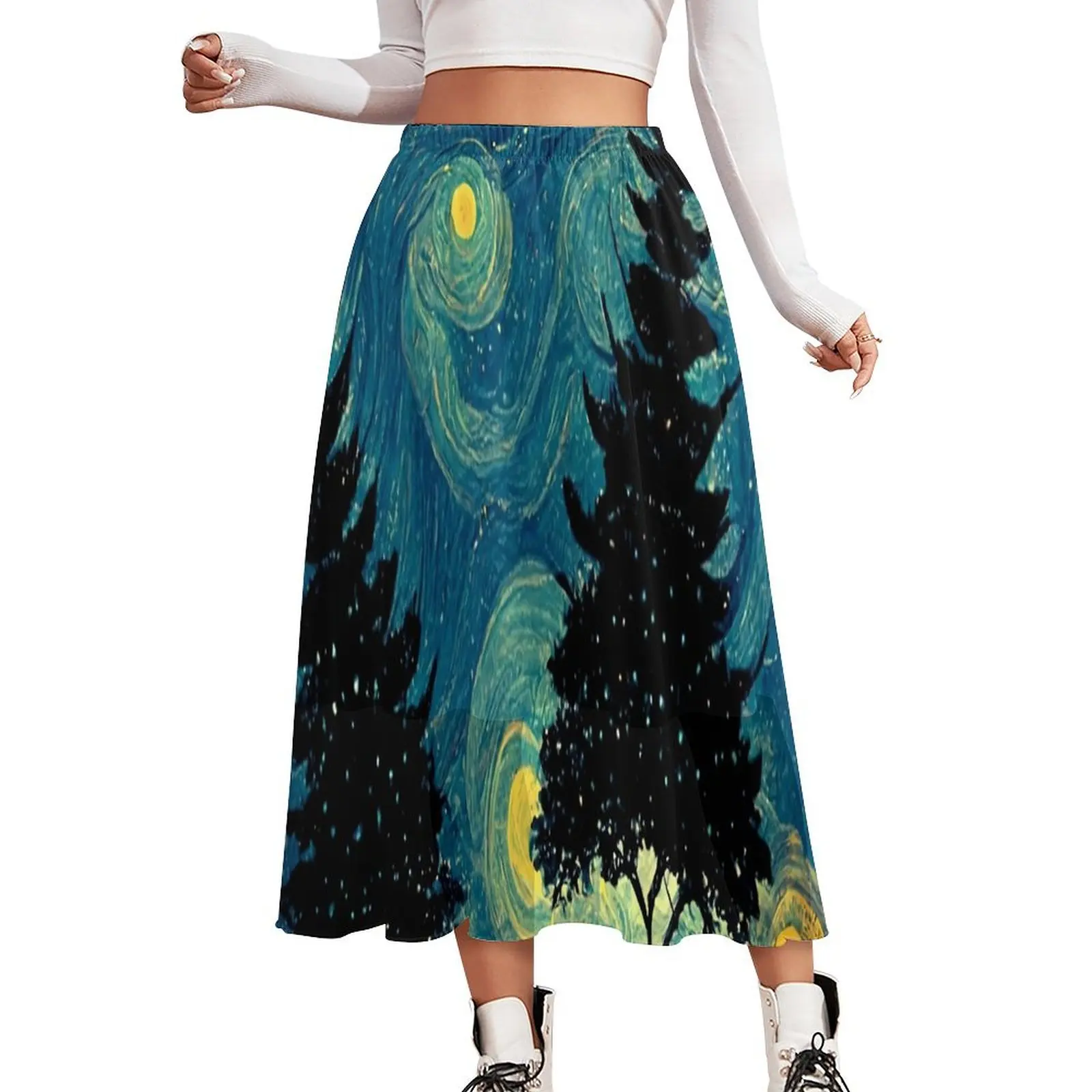 Starry Night Shadows Skirt Fun Famous Painting Vintage Boho Skirts Elastic Waist Design Aesthetic A-line Skirt 2XL 3XL 4XL