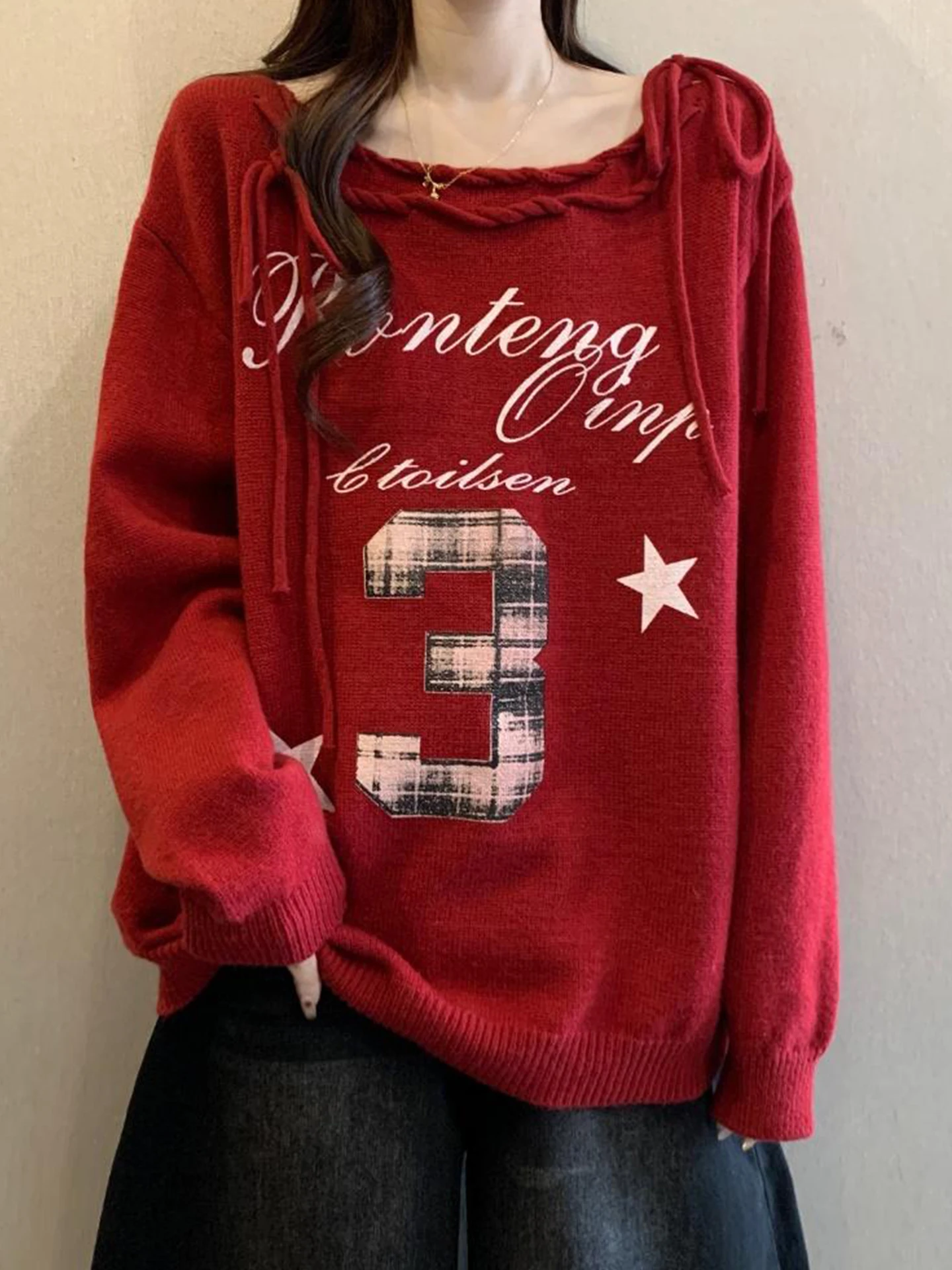 

Красный вязаный свитер женский, свободного кроя, с поясом, с буквенным принтом, больших размеров, осенне-зимний, модный, повседневный, удобный свитер